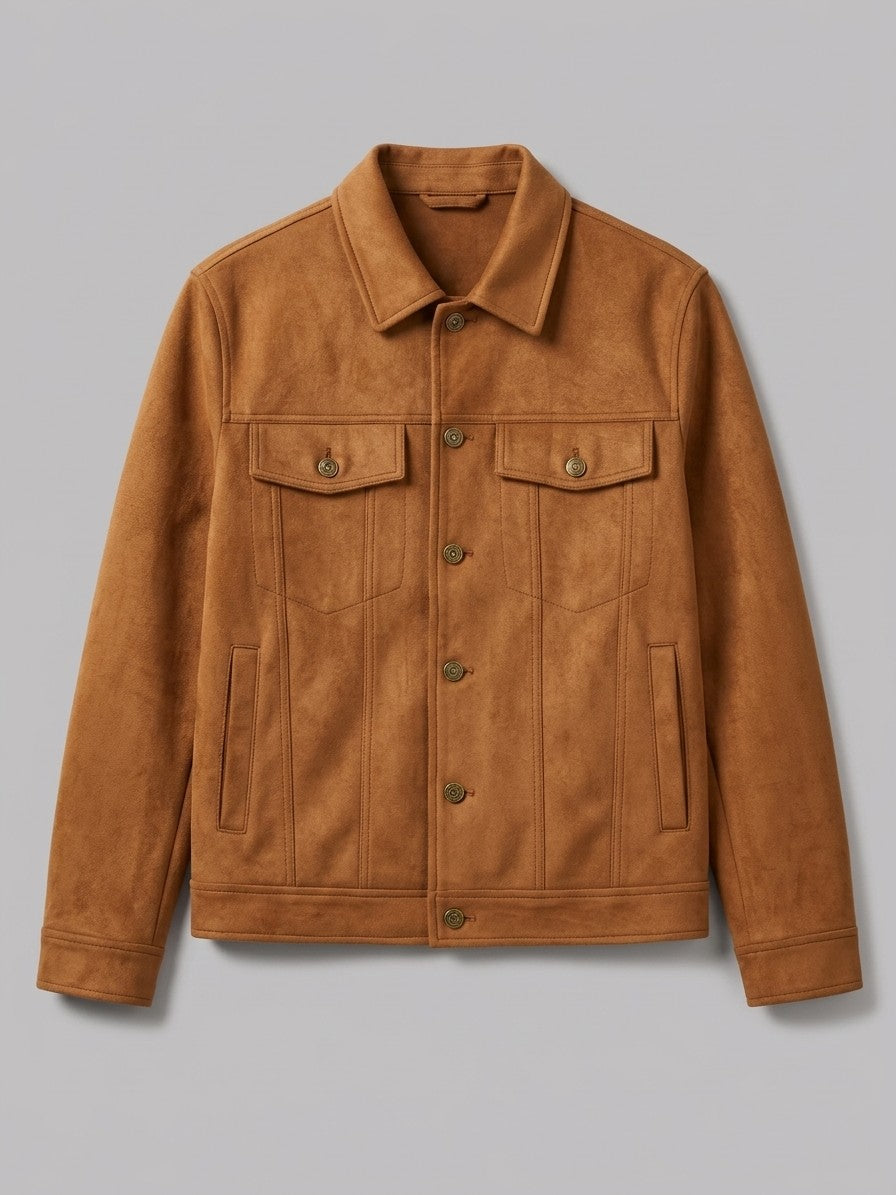 Parghelia Men's Brass-Button Faux Suede Trucker Jacket — caramel — packshot