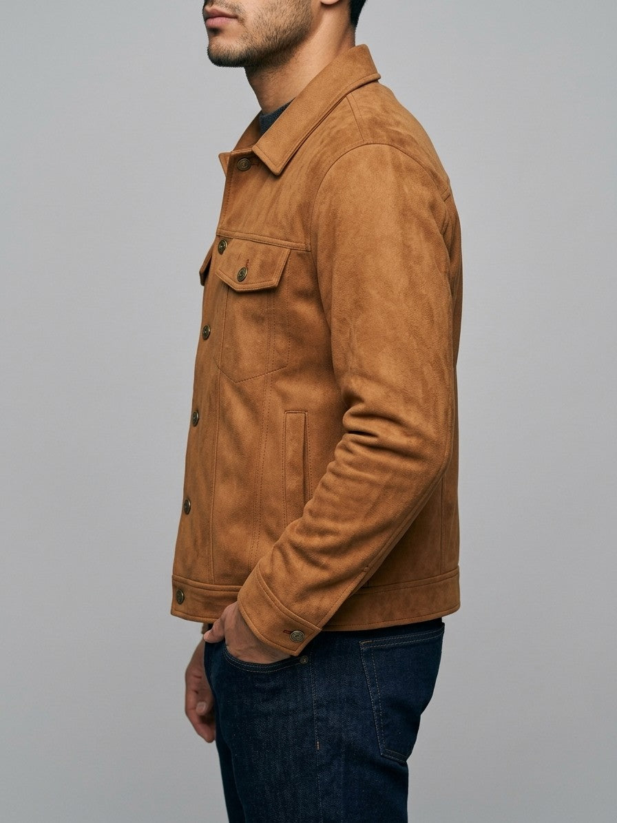 Parghelia Men's Brass-Button Faux Suede Trucker Jacket — caramel — side