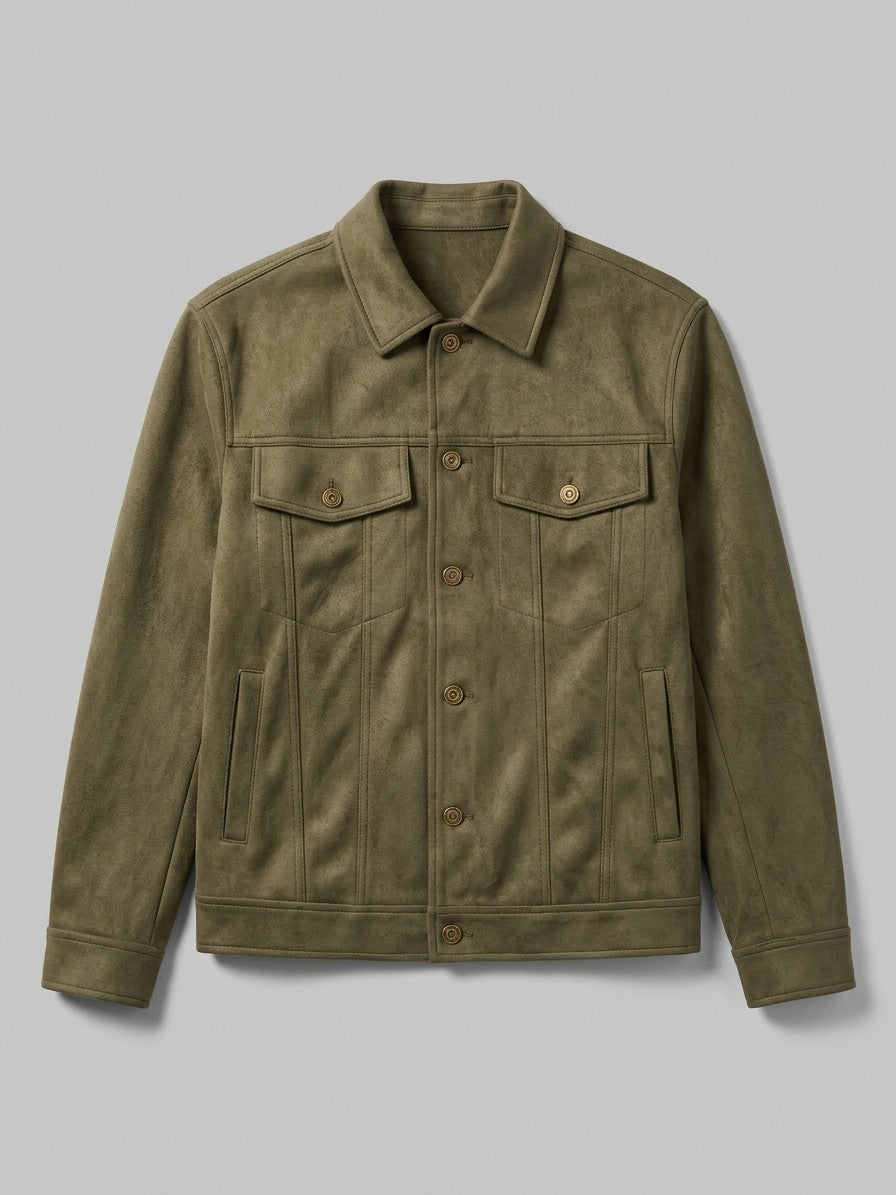 Parghelia Men's Brass-Button Faux Suede Trucker Jacket — olive — packshot