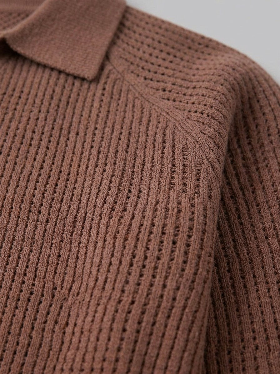 Parma Men's Textured Knit Polo Top — brown — detail-2