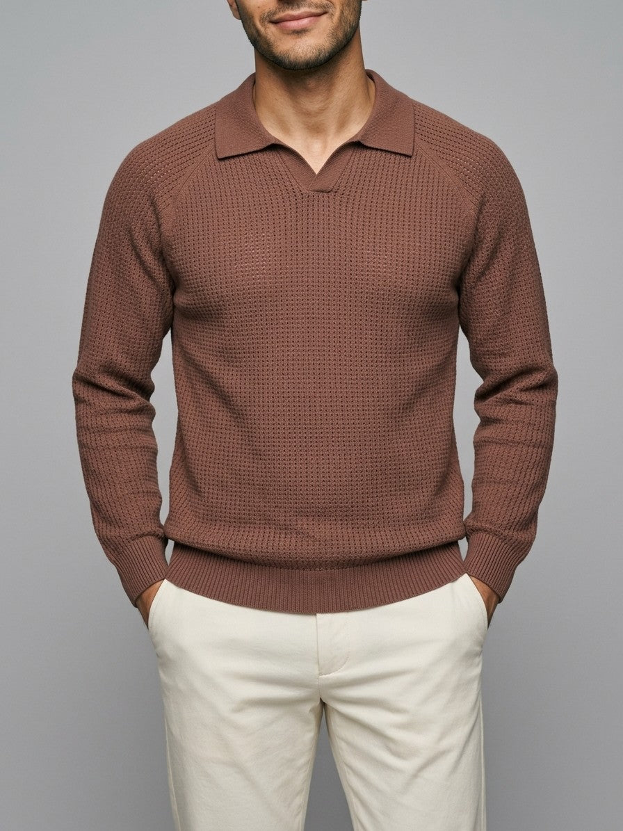 Parma Men's Textured Knit Polo Top — brown — front