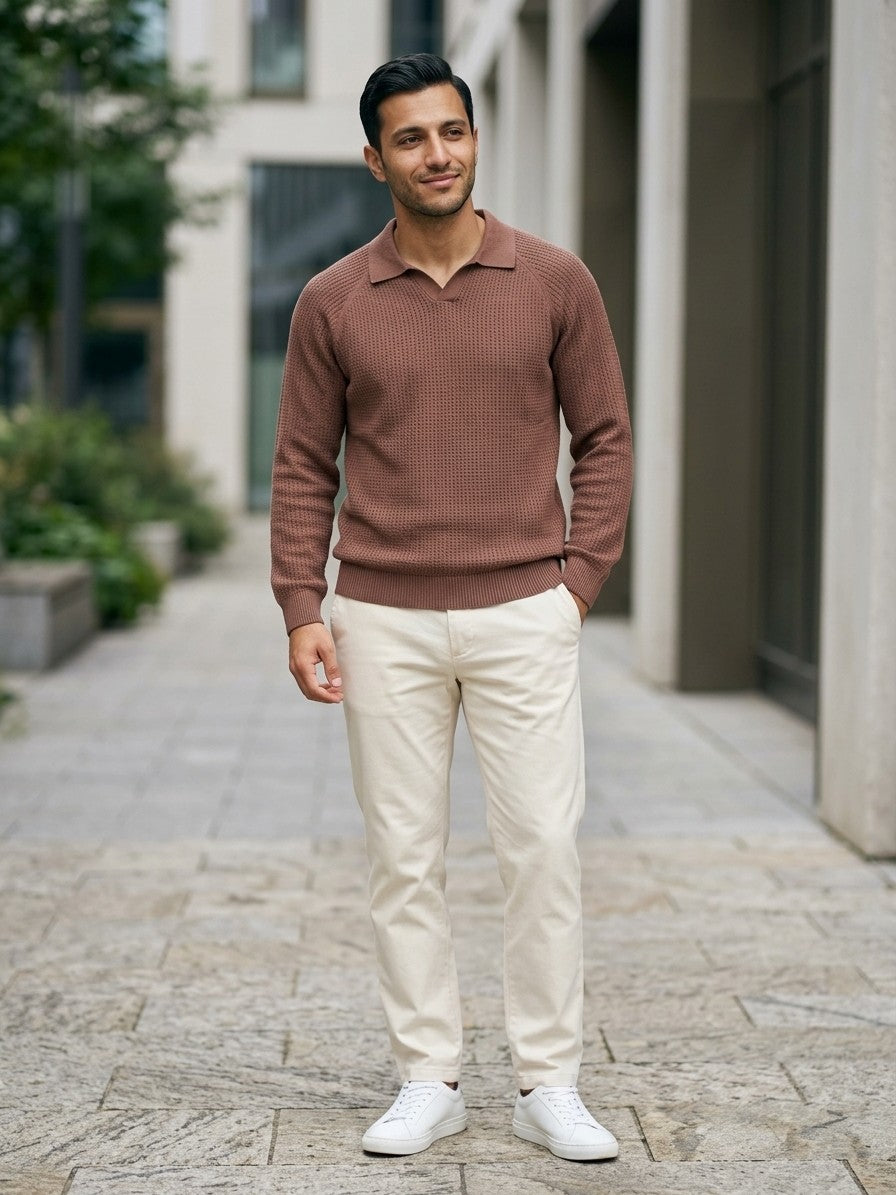 Parma Men's Textured Knit Polo Top — brown — lifestyle