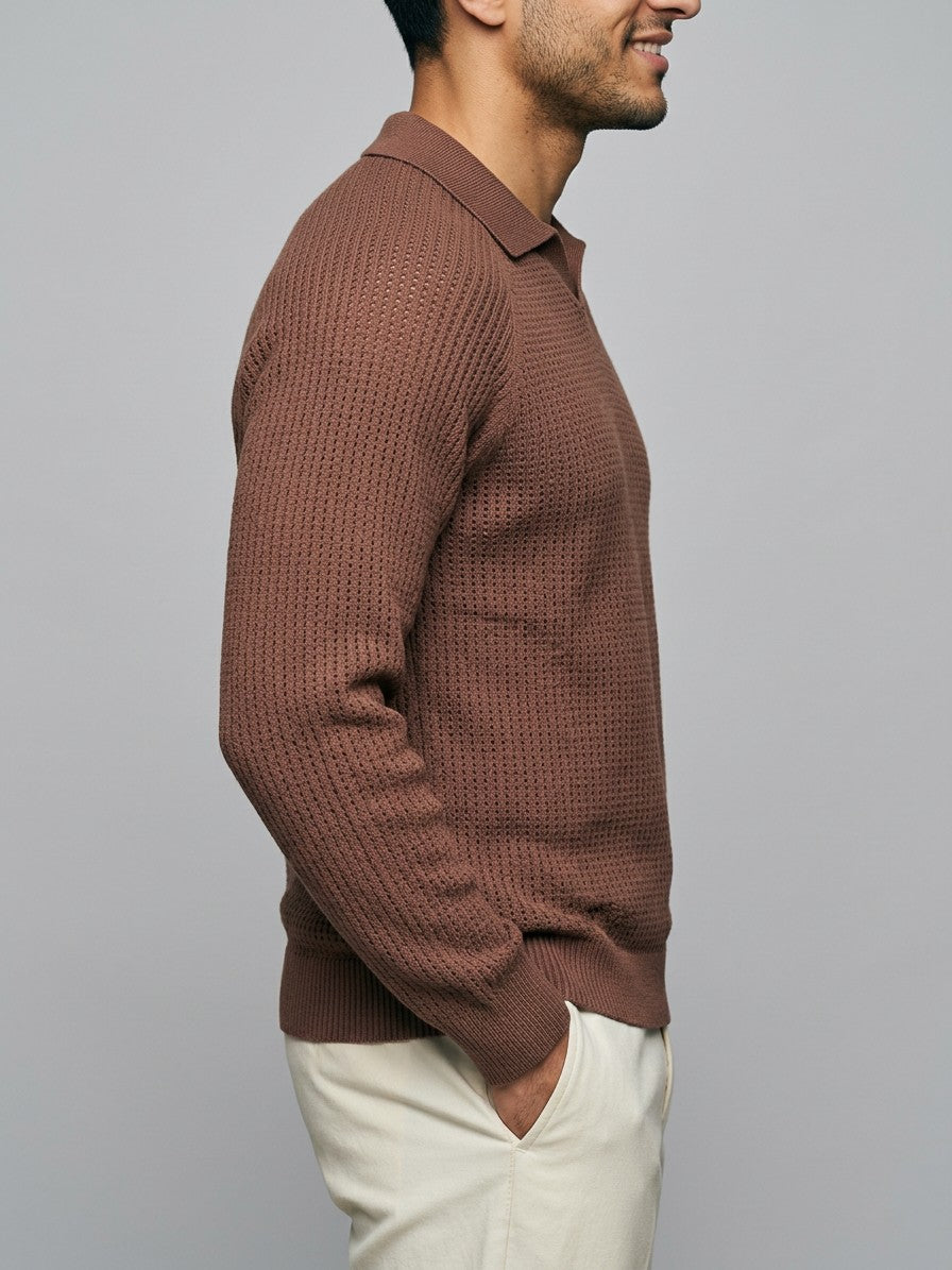 Parma Men's Textured Knit Polo Top — brown — side