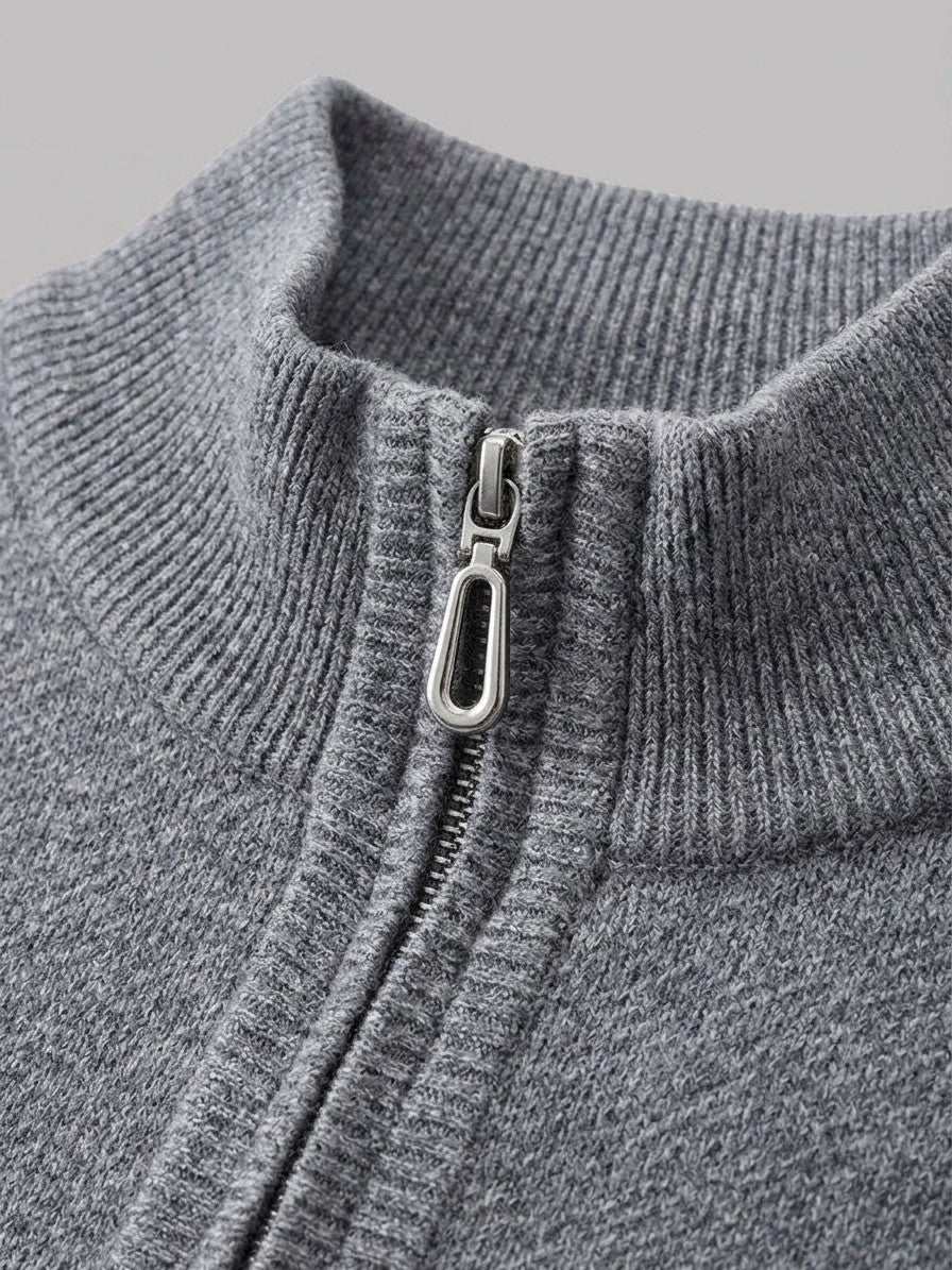 Pavia Men's Ribbed Zip-Neck Sweater — mediumgray — detail-collar