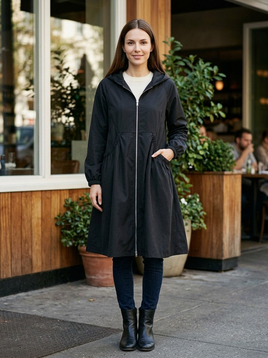 Peccioli Women's Hooded Swing Windbreaker Coat — black — lifestyle