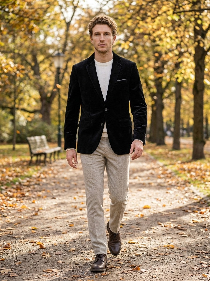 Pennabilli Men's Contrast-Trim Velvet Blazer — black — lifestyle