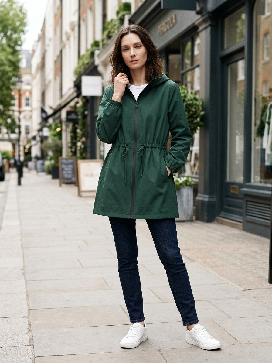 Pergola Women's Drawstring Waist Rain Jacket — darkgreen — lifestyle