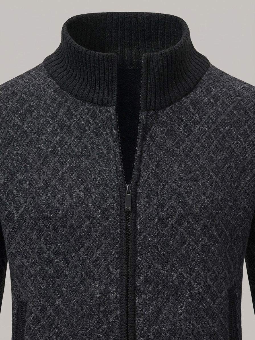 Perugia Men's Geometric-Knit Full-Zip Cardigan — black — detail-collar