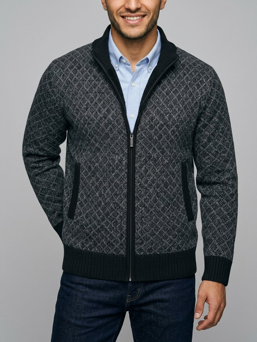 Perugia Men's Geometric-Knit Full-Zip Cardigan — black — front