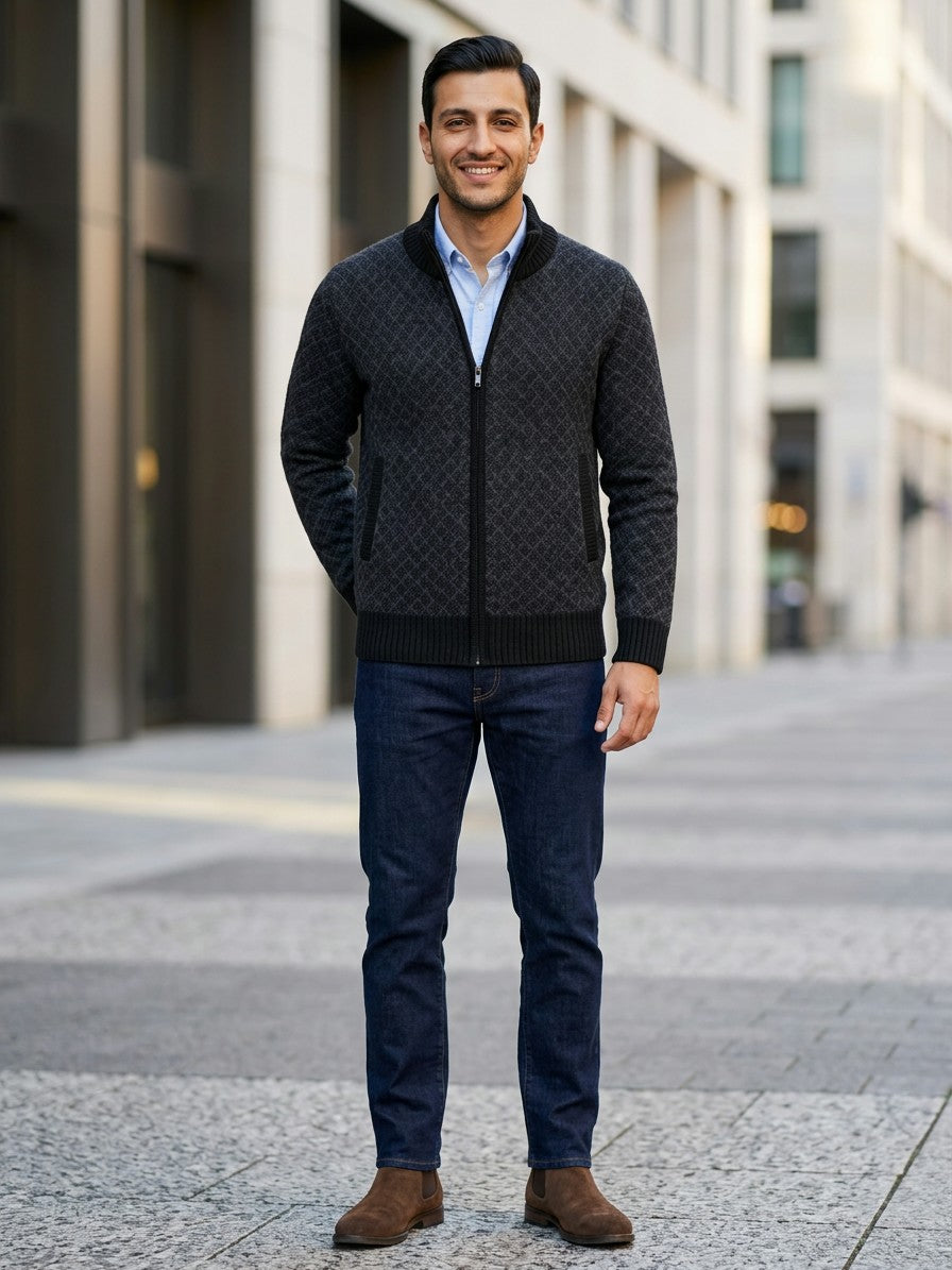 Perugia Men's Geometric-Knit Full-Zip Cardigan — black — lifestyle