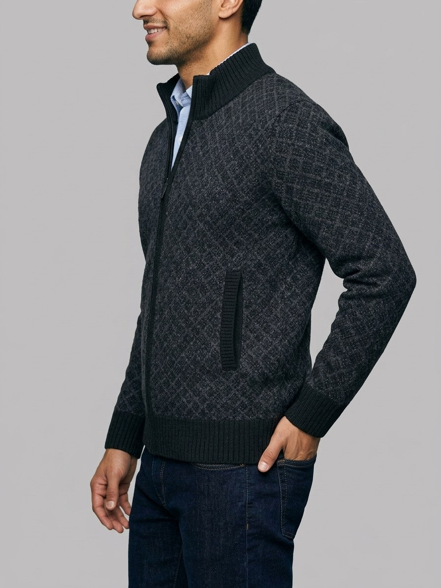 Perugia Men's Geometric-Knit Full-Zip Cardigan — black — side