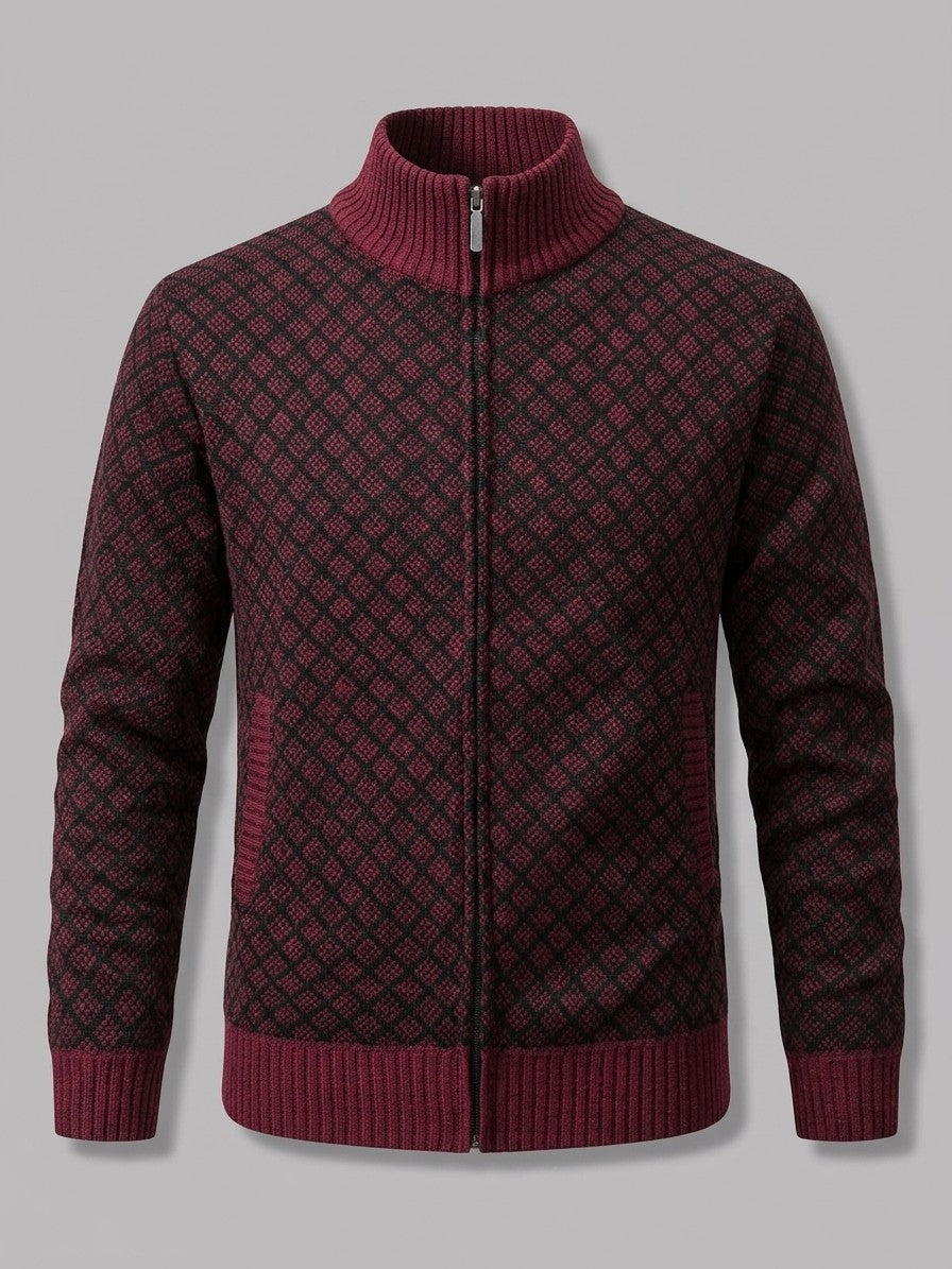 Perugia Men's Geometric-Knit Full-Zip Cardigan — burgundy — packshot