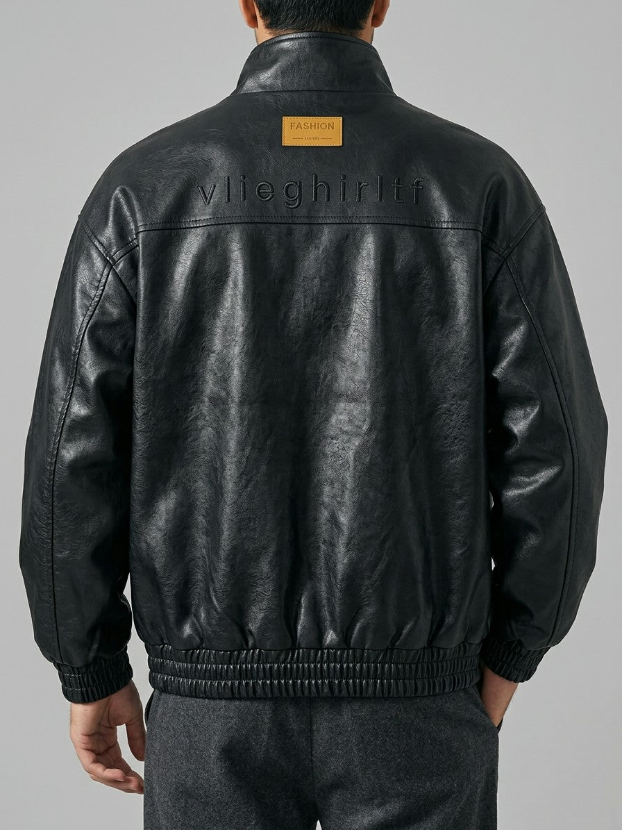 Peschici Men's Washed Faux Leather Bomber Jacket — black — back