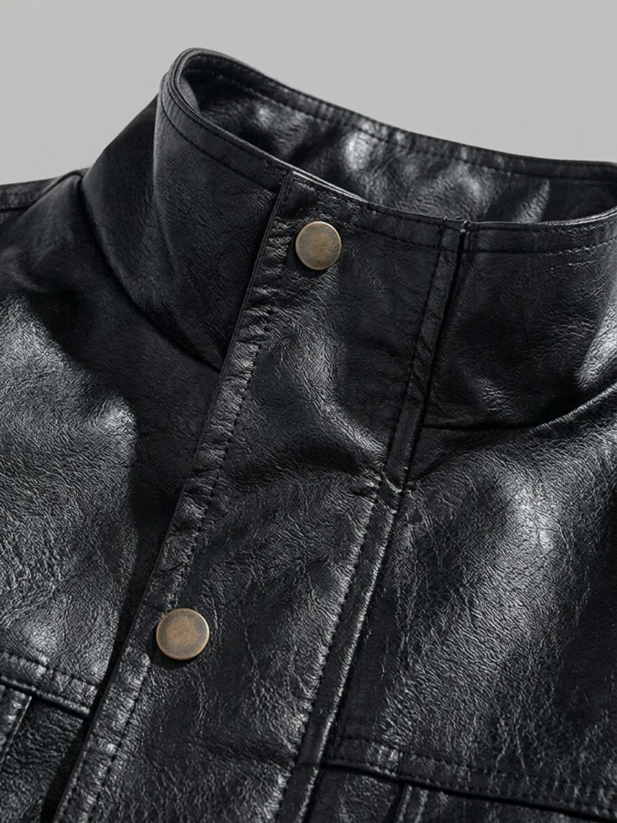 Peschici Men's Washed Faux Leather Bomber Jacket — black — detail-2