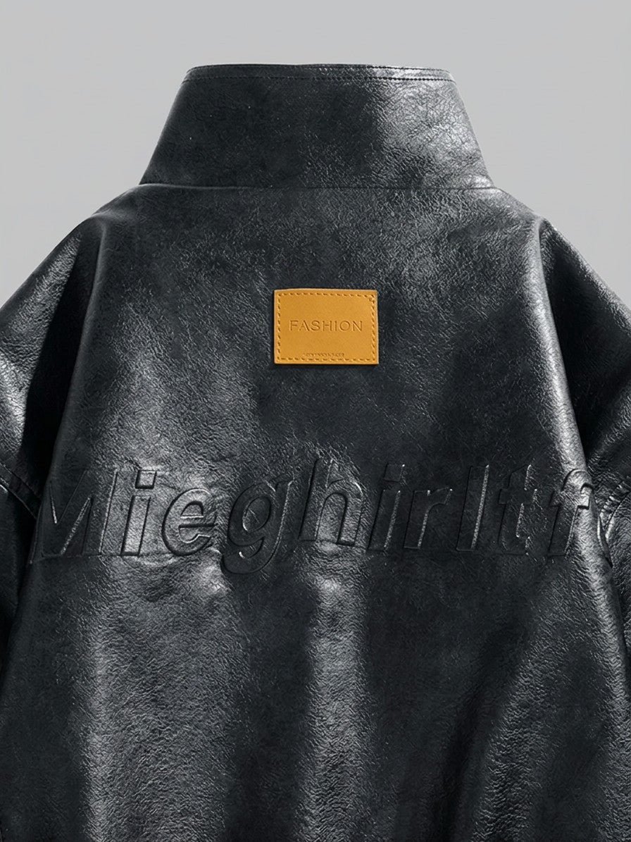 Peschici Men's Washed Faux Leather Bomber Jacket — black — detail-collar