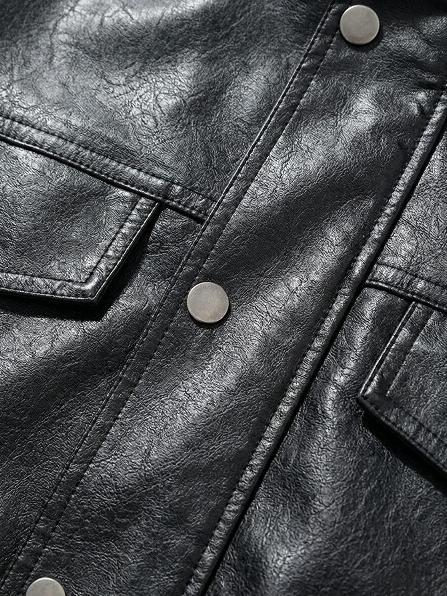 Peschici Men's Washed Faux Leather Bomber Jacket — black — detail