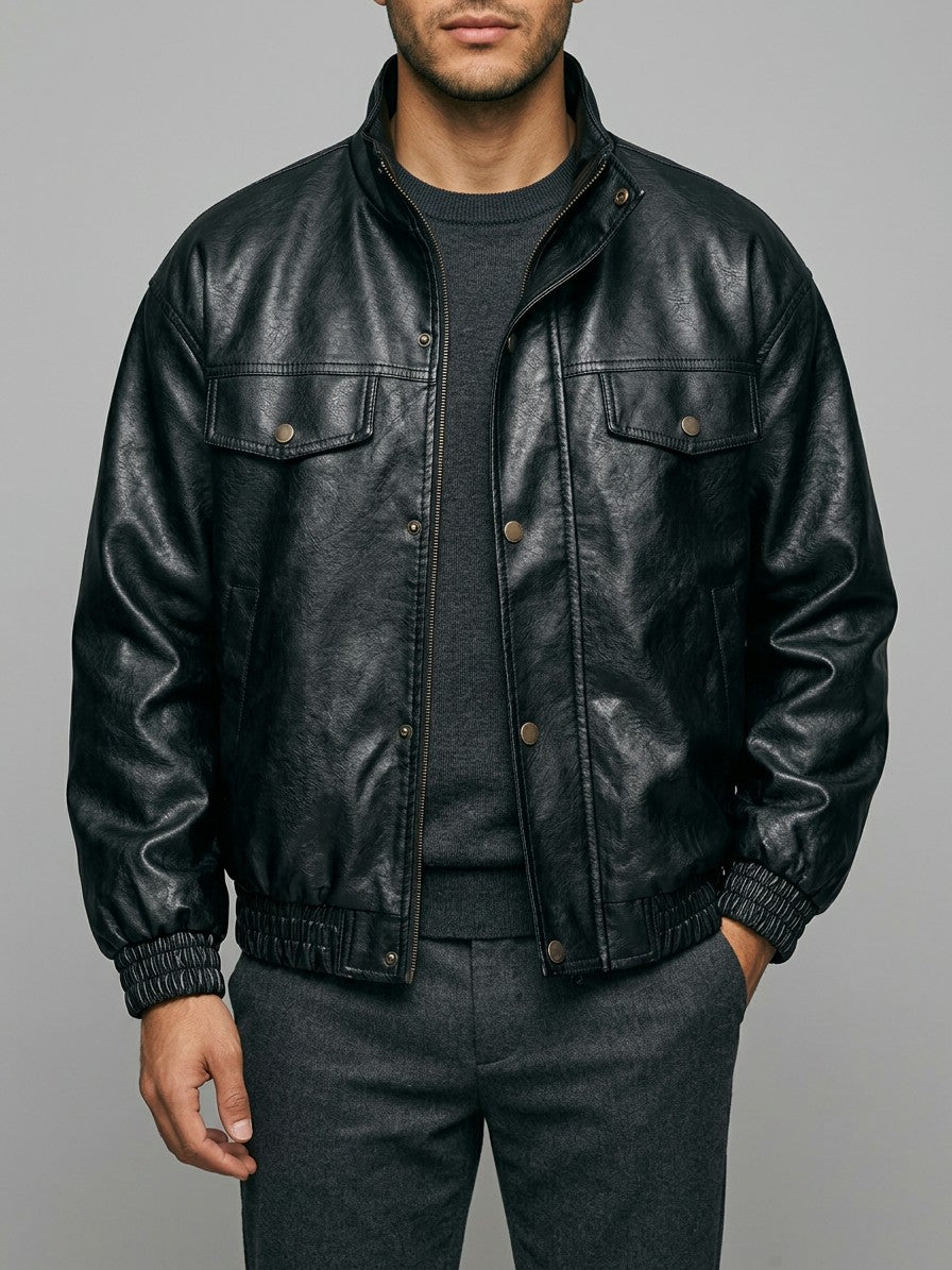 Peschici Men's Washed Faux Leather Bomber Jacket — black — front
