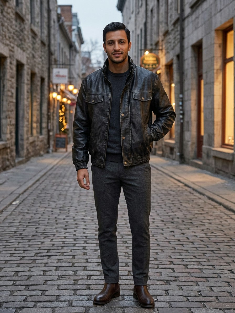 Peschici Men's Washed Faux Leather Bomber Jacket — black — lifestyle