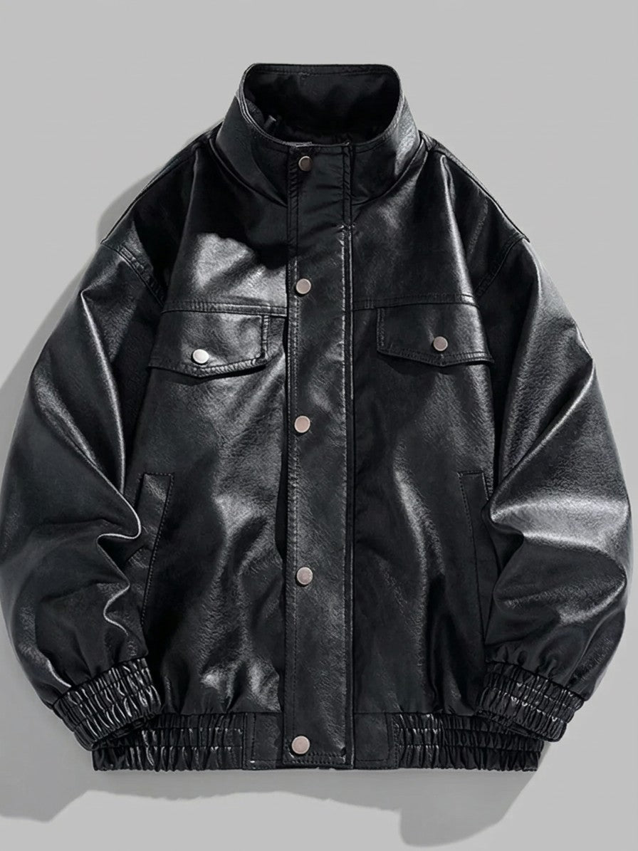 Peschici Men's Washed Faux Leather Bomber Jacket — black — packshot