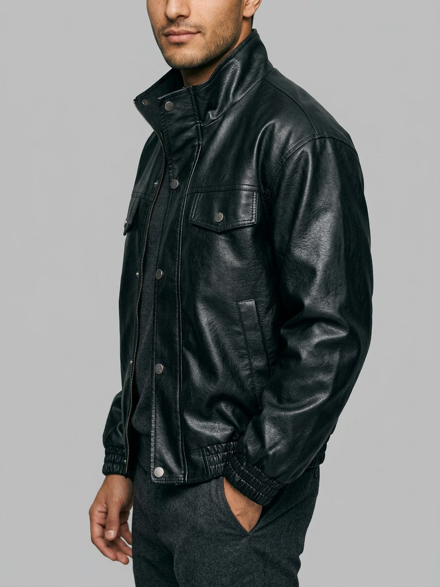 Peschici Men's Washed Faux Leather Bomber Jacket — black — side