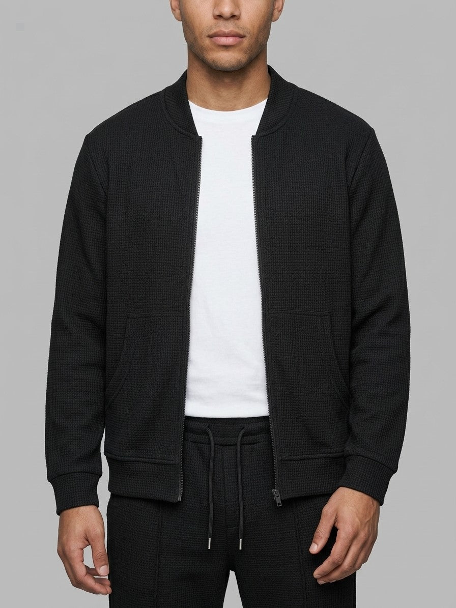 Peschiera Men's Waffle-Knit Jacket & Trousers Set — black — closefront