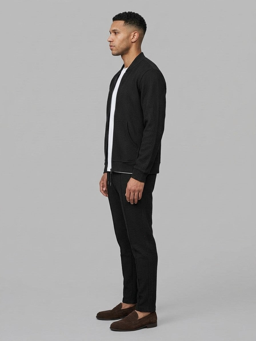 Peschiera Men's Waffle-Knit Jacket & Trousers Set — black — fullside
