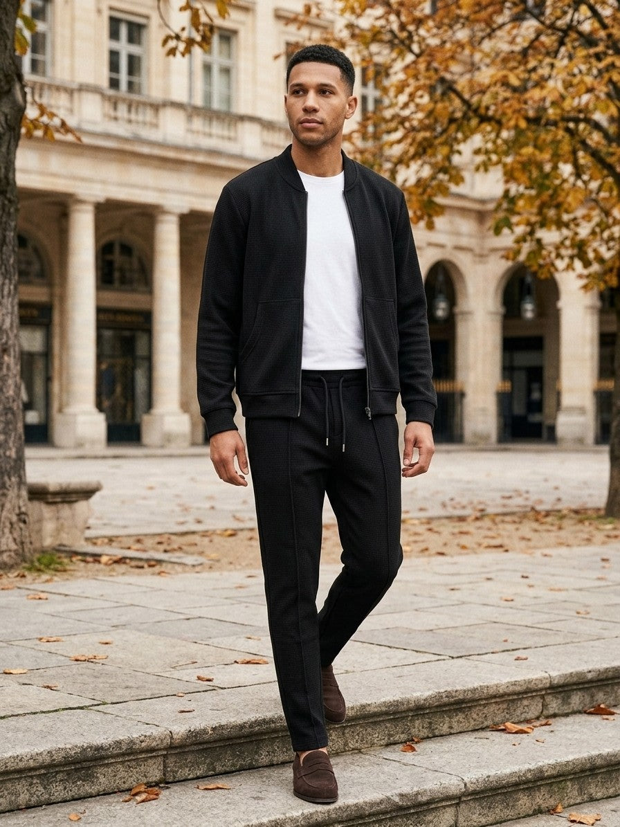 Peschiera Men's Waffle-Knit Jacket & Trousers Set — black — lifestyle