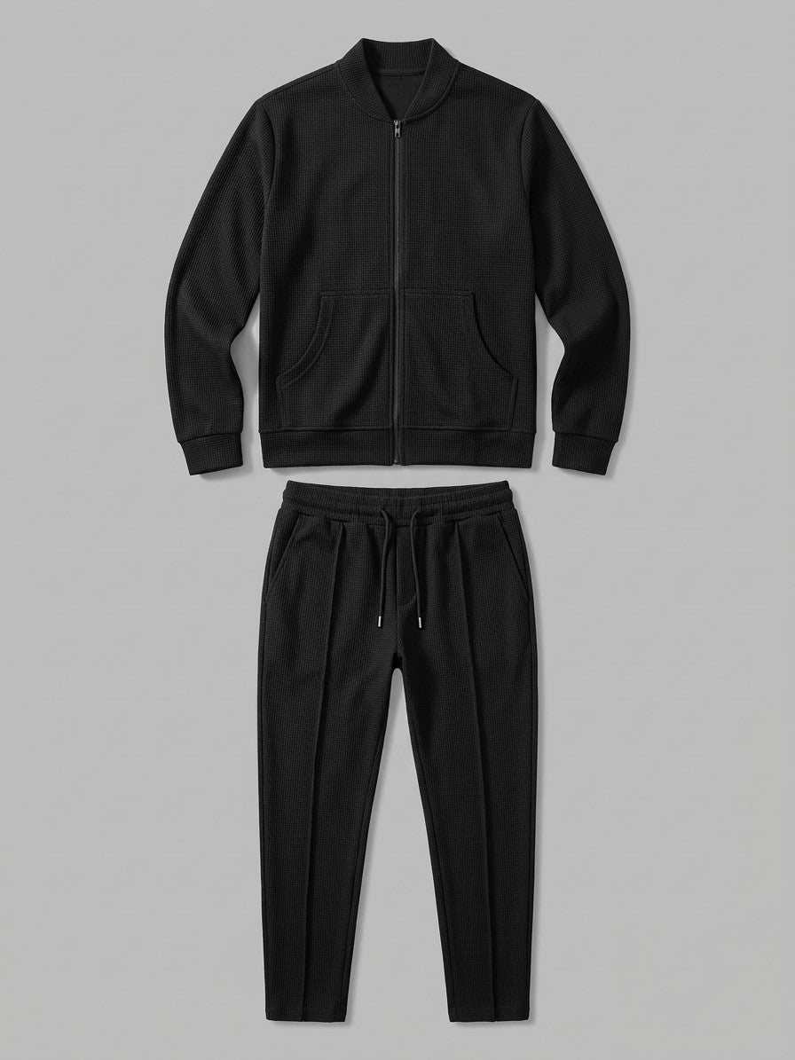 Peschiera Men's Waffle-Knit Jacket & Trousers Set — black — packshot