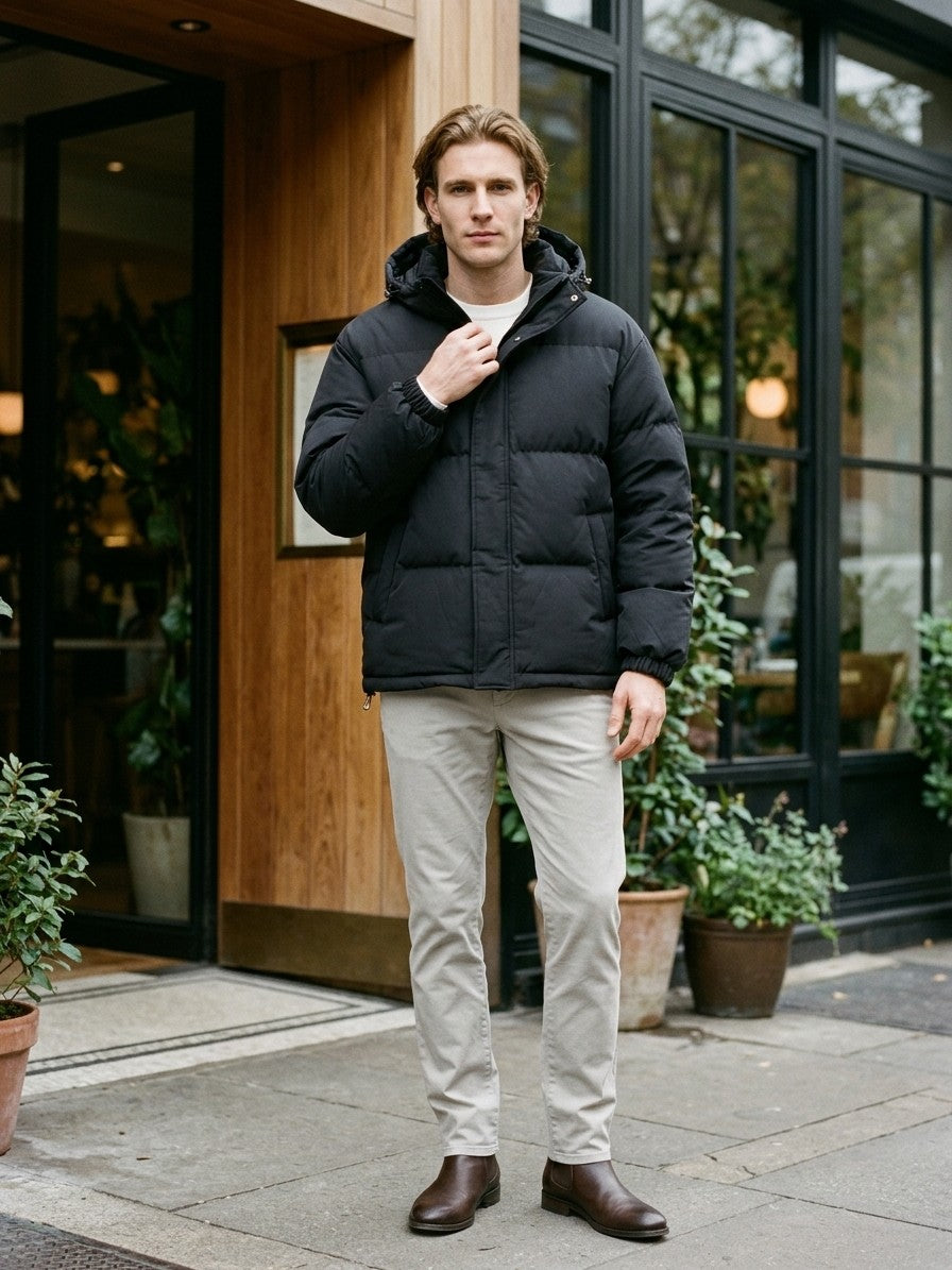 Pescina Men's Hooded Quilted Puffer Jacket — black — lifestyle