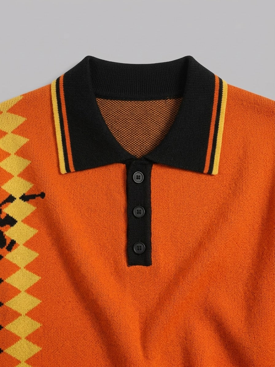 Petralia Men's Harlequin Diamond Knit Polo — orange — detail