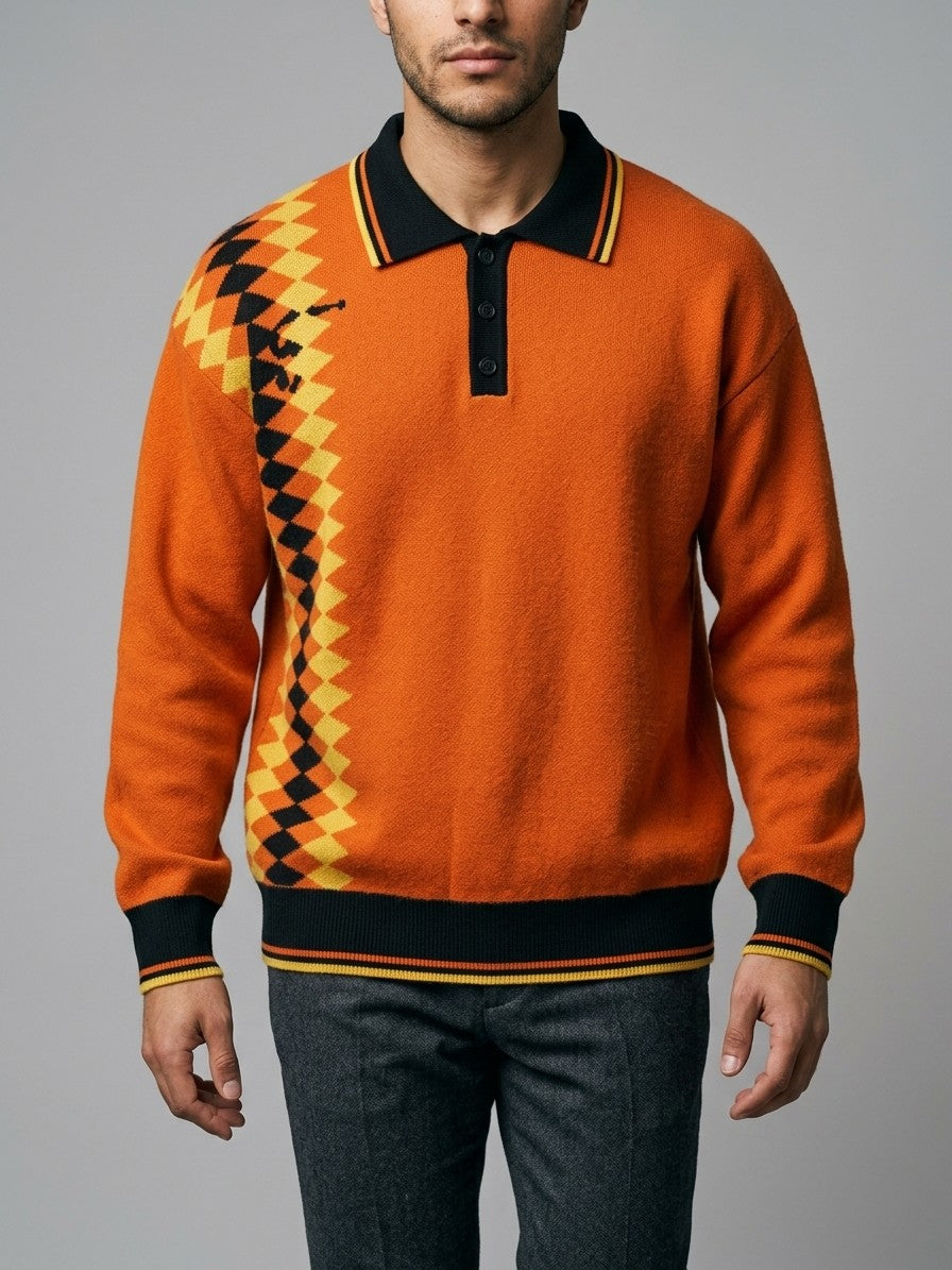 Petralia Men's Harlequin Diamond Knit Polo — orange — front