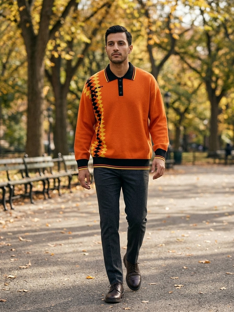 Petralia Men's Harlequin Diamond Knit Polo — orange — lifestyle