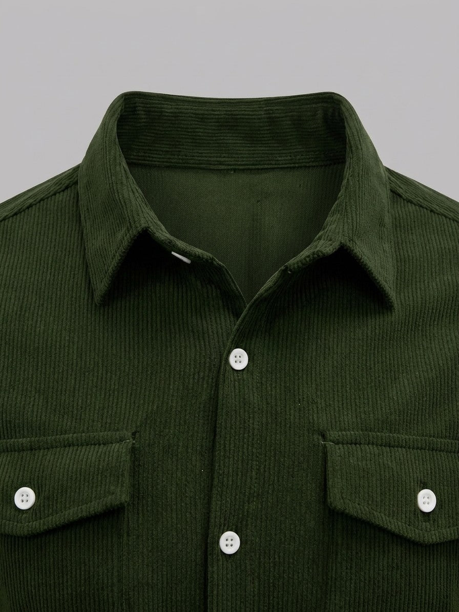 Pienza Men's Corduroy Overshirt — armygreen — detail-collar