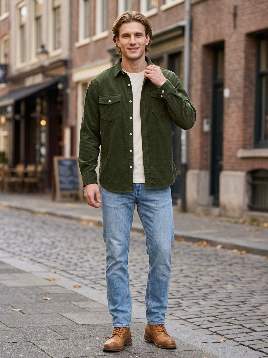 Pienza Men's Corduroy Overshirt — armygreen — lifestyle