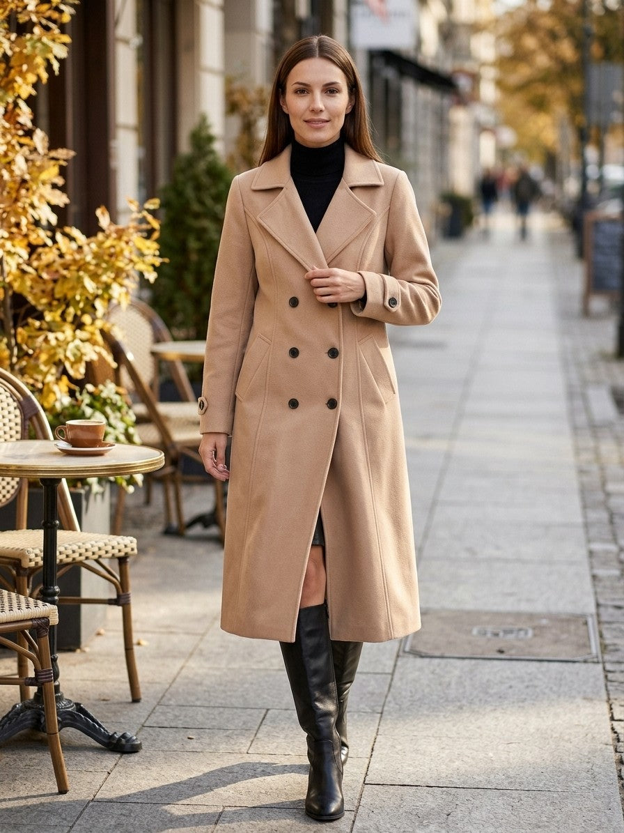 Pietrasanta Women's Double-Breasted Longline Coat — tan — lifestyle