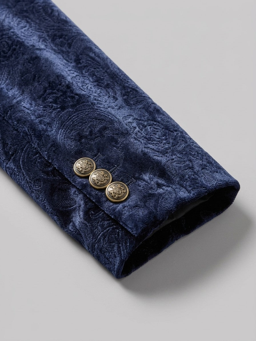 Piobbico Men's Paisley Jacquard Velvet Blazer — midnightnavy — detail-collar