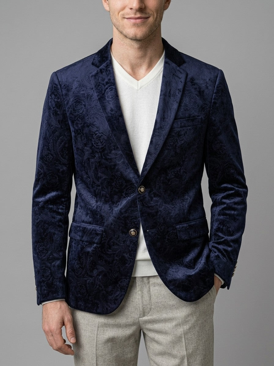 Piobbico Men's Paisley Jacquard Velvet Blazer — midnightnavy — front