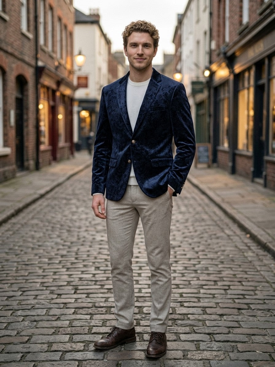 Piobbico Men's Paisley Jacquard Velvet Blazer — midnightnavy — lifestyle