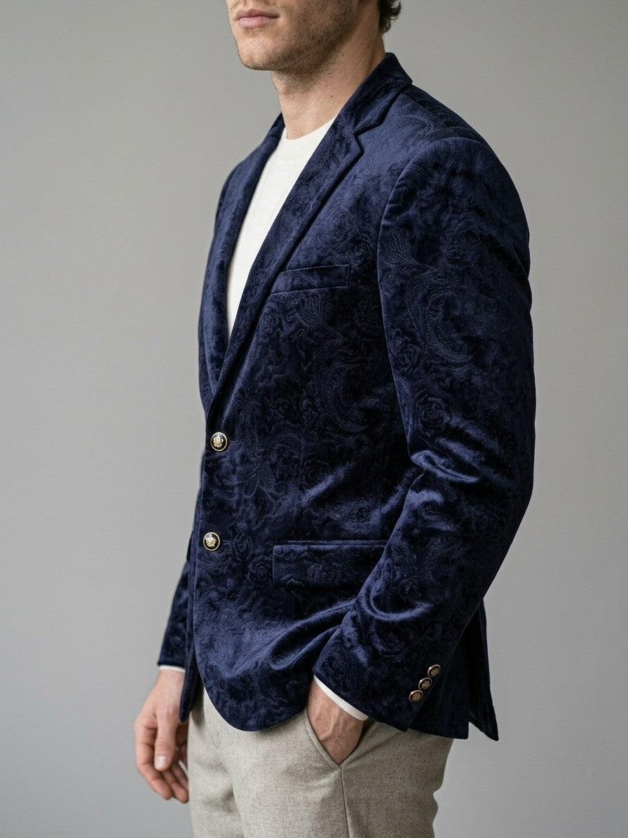 Piobbico Men's Paisley Jacquard Velvet Blazer — midnightnavy — side