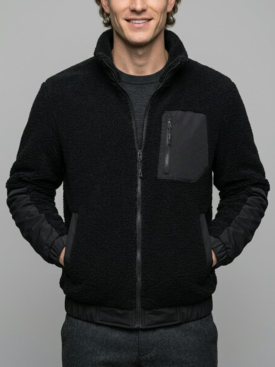 Piombino Men's Paneled Sherpa Zip Jacket — black — front
