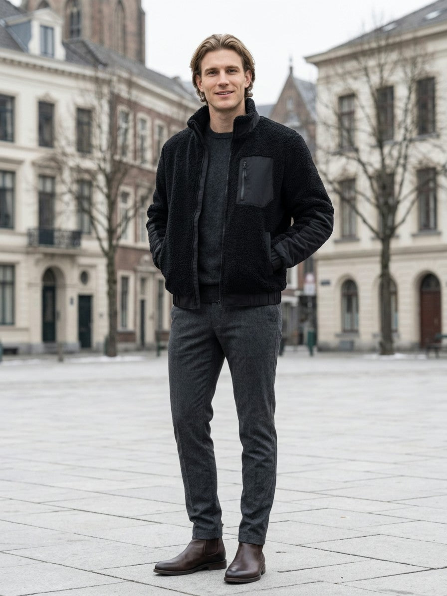 Piombino Men's Paneled Sherpa Zip Jacket — black — lifestyle