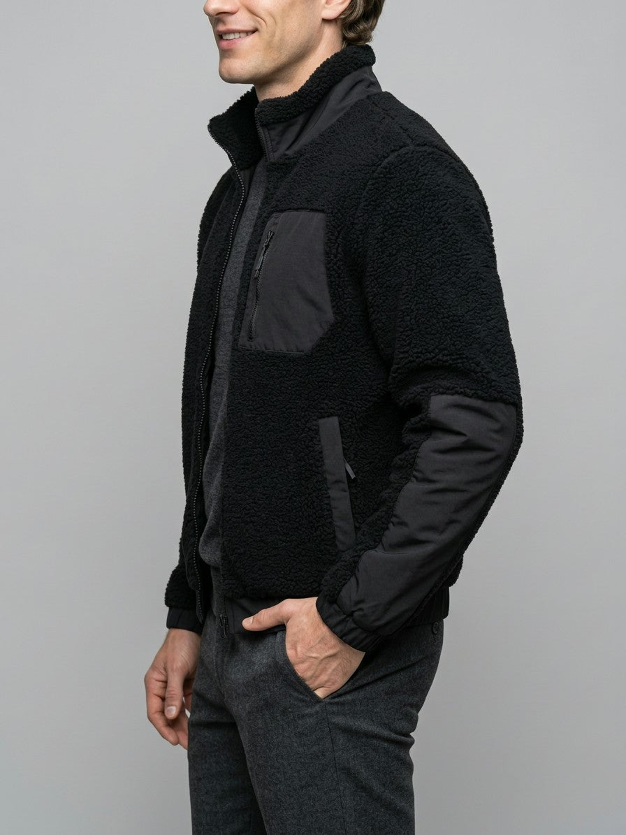 Piombino Men's Paneled Sherpa Zip Jacket — black — side