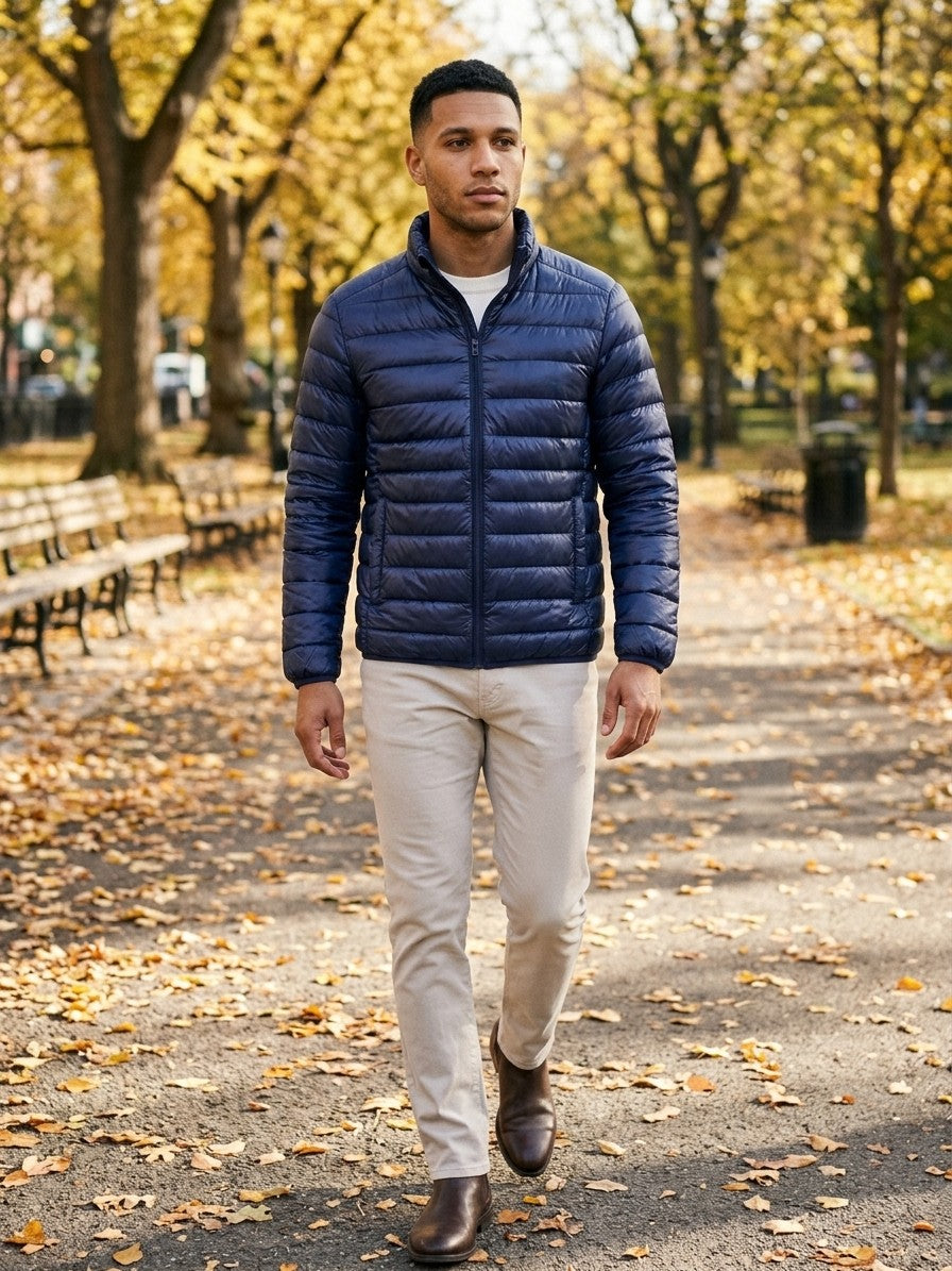 Pisticci Men's Lightweight Stand-Collar Puffer Jacket — navy — lifestyle