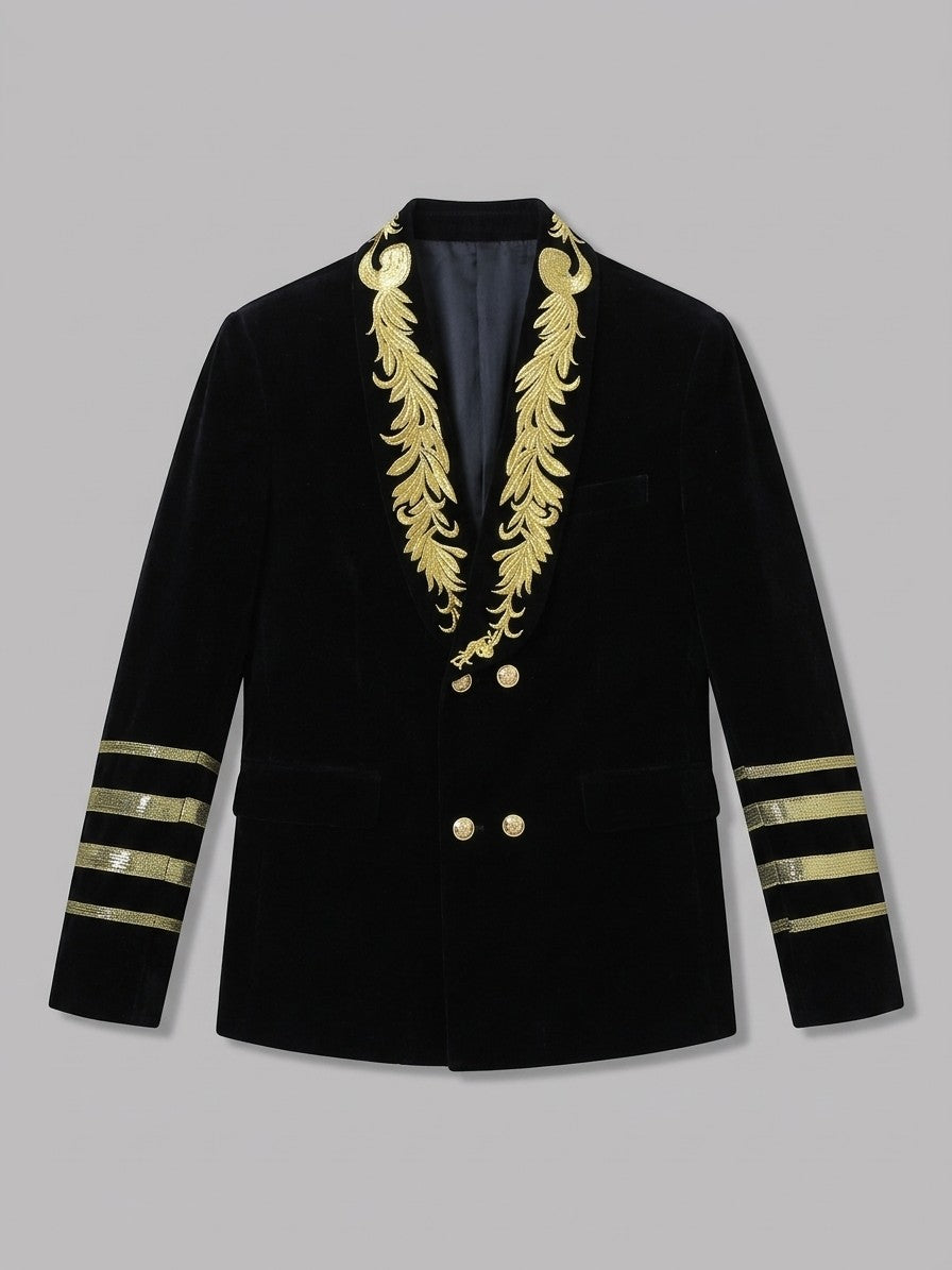Pizzighettone Men's Embroidered Shawl-Collar Velvet Blazer — black — packshot