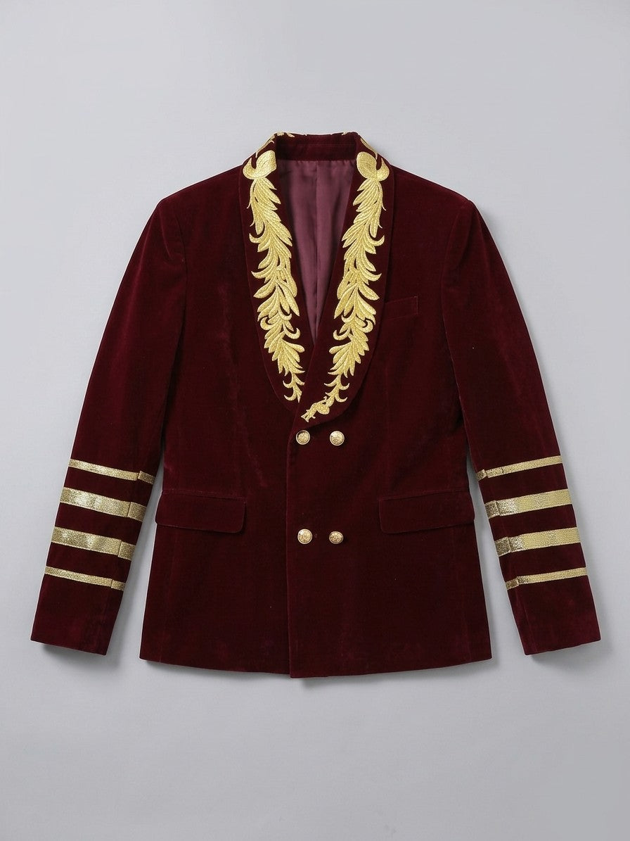 Pizzighettone Men's Embroidered Shawl-Collar Velvet Blazer — burgundy — packshot
