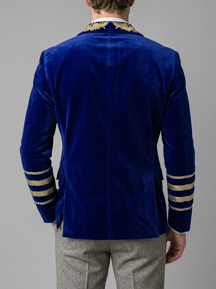 Pizzighettone Men's Embroidered Shawl-Collar Velvet Blazer — royalblue — back