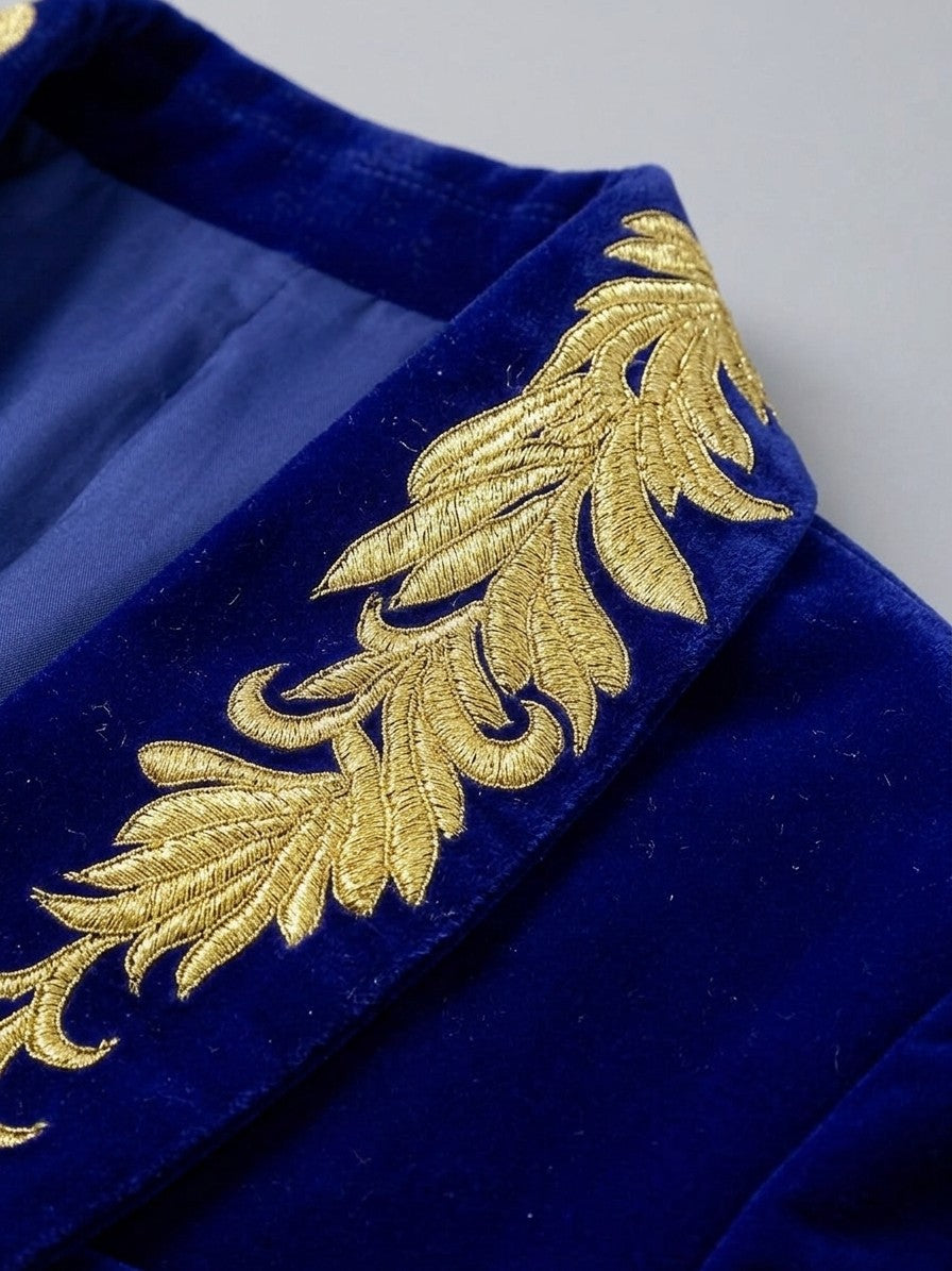 Pizzighettone Men's Embroidered Shawl-Collar Velvet Blazer — royalblue — detail