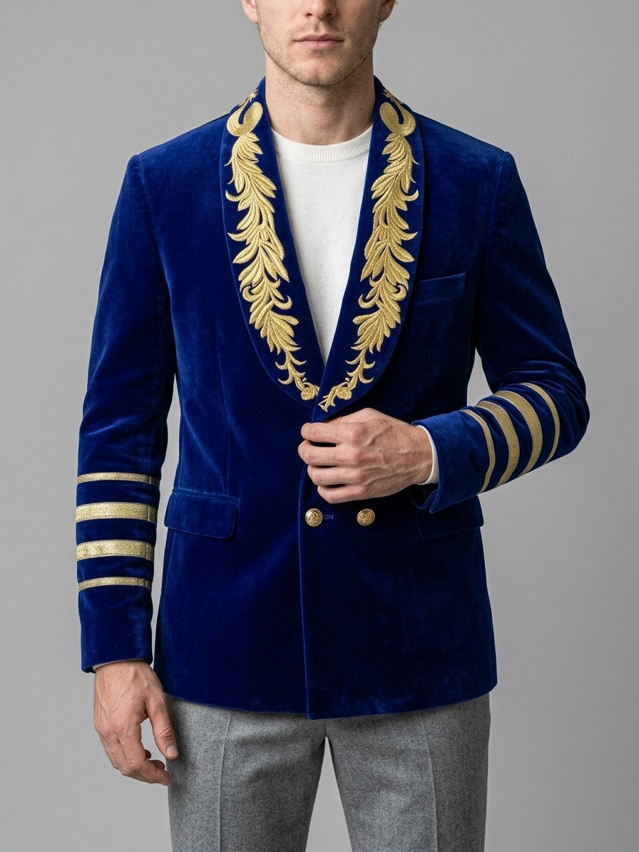 Pizzighettone Men's Embroidered Shawl-Collar Velvet Blazer — royalblue — front