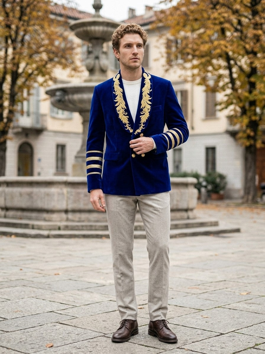 Pizzighettone Men's Embroidered Shawl-Collar Velvet Blazer — royalblue — lifestyle