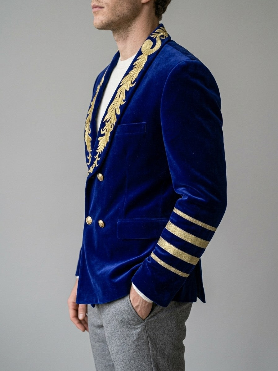Pizzighettone Men's Embroidered Shawl-Collar Velvet Blazer — royalblue — side